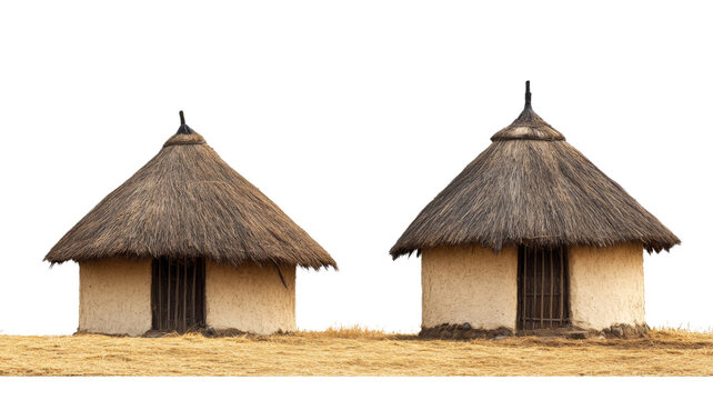 Two traditional african mud huts with thatched roofs on transparent background