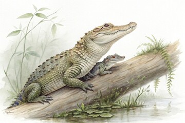 Mother Crocodile with Her Baby Sit On Wood Watercolor Illustration Isolated On White Background