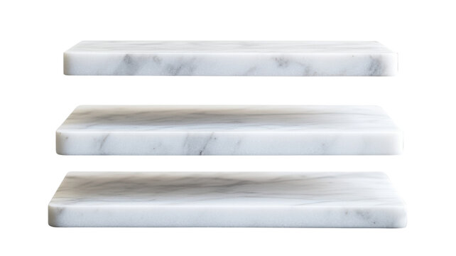 Three empty marble shelves floating on transparent background