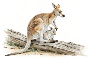 Fototapeta premium Mother And Baby Kangaroo Sit On Logwood Watercolor Illustration Isolated On White Background
