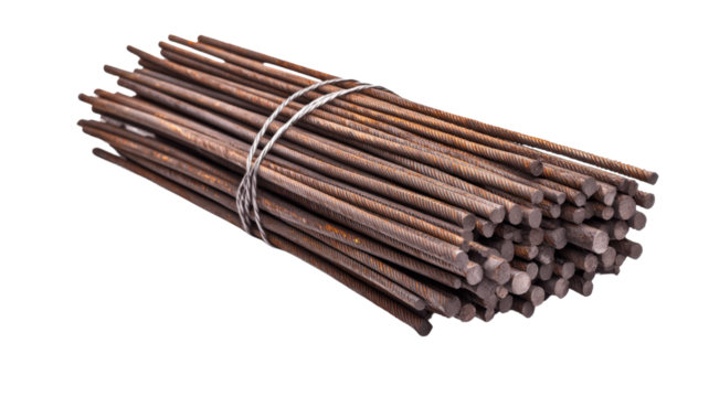Steel rebar used for reinforcing concrete, tied together on a transparent background