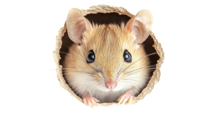 Cute mouse peeking through hole in cardboard on transparent background