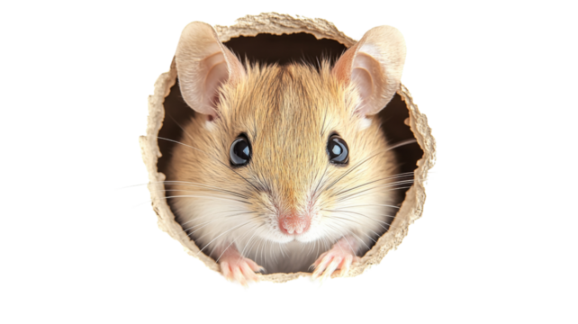 Cute mouse peeking through hole in cardboard on transparent background