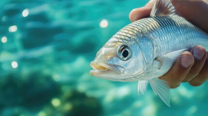 Fototapeta premium Bonefish Fishing. Close-up of Silver Fish Held in Hand in Tropical Ocean