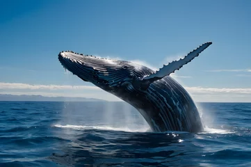 Papier peint photo  Massive blue whale gliding through deep ocean with ripples of light, creating a tranquil atmosphere and showcasing the immense power of nature in vivid blue hues  © Dulith