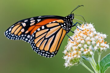 Fototapeta premium Boneset Monarch: Danaus Plexippus Feeding on Eupatorium Perfoliatum in Illinois Wilderness