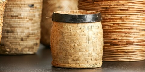 Naklejka premium A woven basket made of natural fibers, featuring a dark rim, surrounded by similar baskets, showcasing craftsmanship and traditional design.