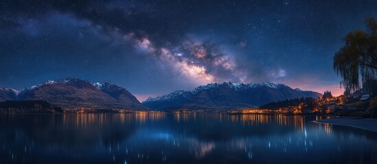 Milky Way over lake, mountains, village
