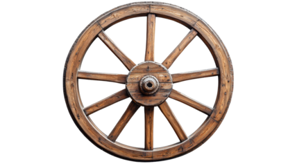 Old wooden wheel rotating on transparent background