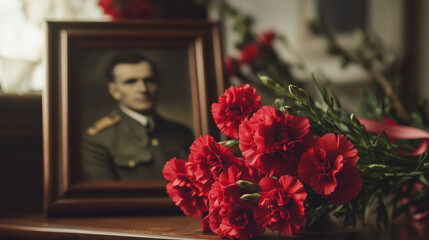 Red Carnations Placed Next to an Old Military Portrait as a Symbol of Honor and Remembrance.