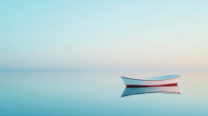 Naklejka premium Serene modern boat reflecting on calm water at sunrise