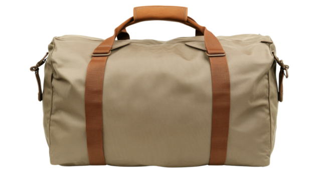 Khaki canvas and leather travel bag isolated on transparent background
