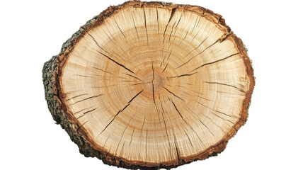 Cross section of tree trunk showing growth rings on transparent background