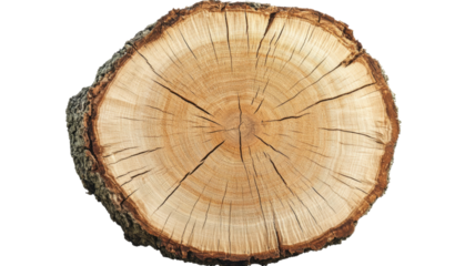 Cross section of tree trunk showing growth rings on transparent background