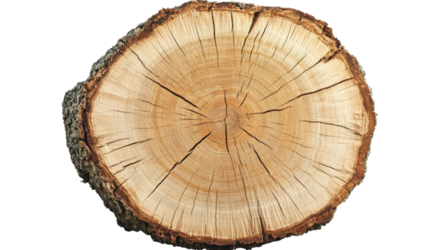 Cross section of tree trunk showing growth rings on transparent background