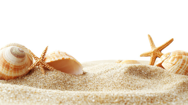 Seashells and starfishes resting on sand with transparent background - Powered by Adobe