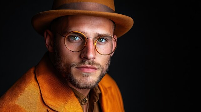 A charming young man poses with round glasses and an orange suit, evoking a stylish yet approachable vibe against a dark background that enhances his striking features and expression.