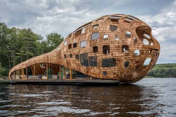 A large wooden structure is floating on the water