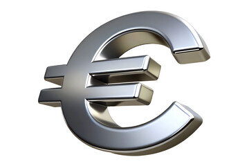 Fototapeta premium A polished silver euro currency symbol representing global finance, economics, banking, and commerce, isolated on a white background.