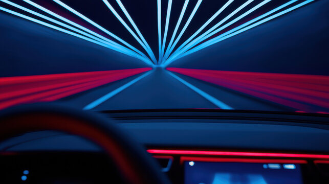 Futuristic view from inside autonomous vehicle with vibrant blue and red light trails