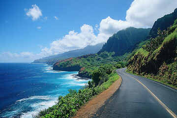 Beautiful route between the ocean and the mountains. Excellent landscape of the serpentine road running along the sea. Travel concept.