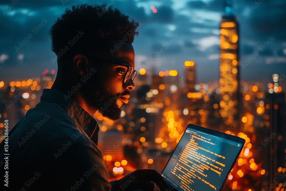 Poster night city coder: silhouette of a man working on laptop with glowing cityscape