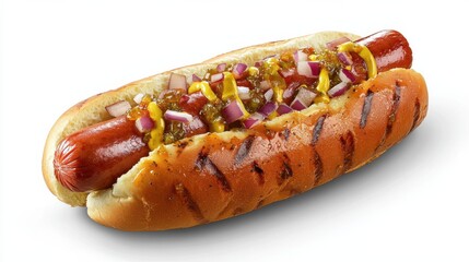 Juicy grilled hot dogs served in a soft bun, topped with ketchup, mustard, onions, and relish for a classic American bite.