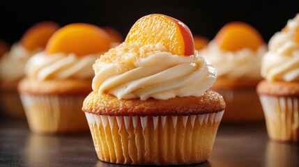 A scrumptious peach cupcake adorned with buttery frosting, a slice of peach, and a sprinkle of sugar that offers a delightful dessert experience perfect for any gathering.
