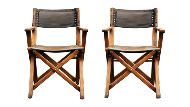 Two empty vintage director chairs isolated on transparent background