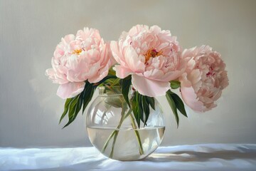 Beautiful pink peonies displayed in a clear round glass vase