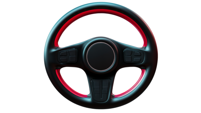 Modern black steering wheel with red details on transparent background - Powered by Adobe