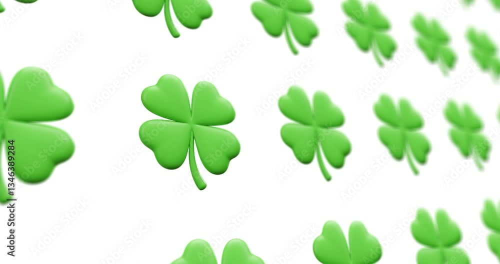 Aufkleber animated design of a 3d render of a green four-leaf clover pattern moving sideways on a white backgr
