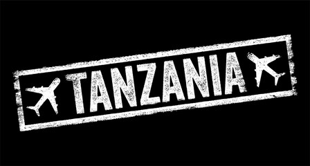Tanzania is a country in East Africa within the African Great Lakes region, text emblem stamp with airplane
