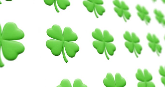 
Animated design of a 3D render of a green four-leaf clover pattern moving sideways on a white background.