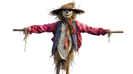 Scarecrow protecting crops in agricultural field with transparent background