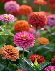 Colorful zinnia elegans flowers in the flowerbed. Generated image