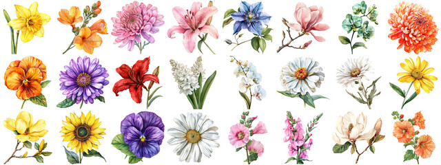 Watercolor flower set isolated background. Various floral collection of nature blooming flower clip art illustration element for retro flora wedding or romantic valentine card. crisp edges cut out.