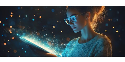 Woman Reading Tablet: Enchanting Digital Glow, Serene Night Scene
