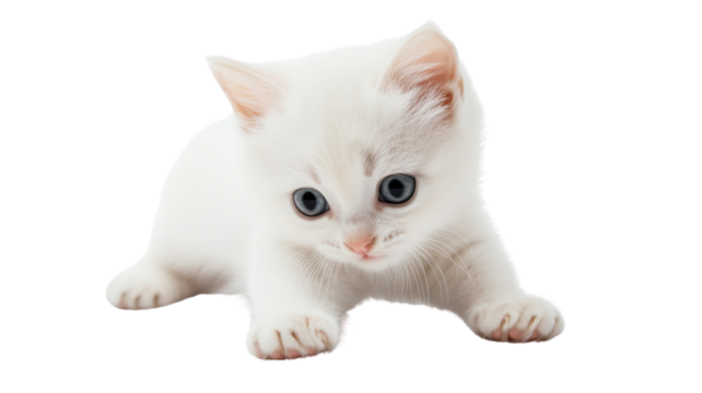 Adorable white kitten crouching on transparent background