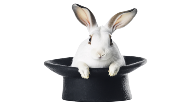 White rabbit emerging from magician's hat on transparent background