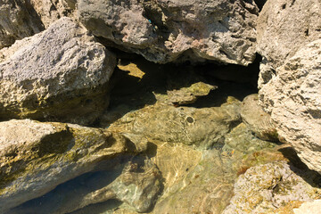 reflections in the clear sea water between the rocks