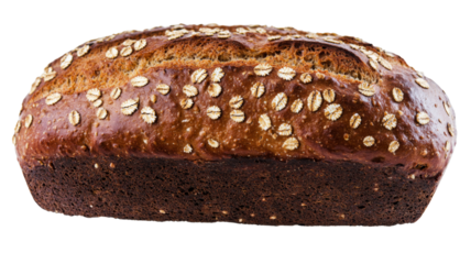 Freshly baked loaf of multigrain bread with oat flakes on transparent background