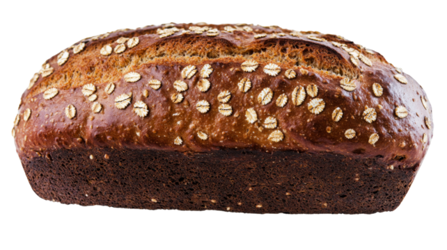 Freshly baked loaf of multigrain bread with oat flakes on transparent background