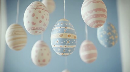 Painted easter eggs suspended in a room with light blue walls