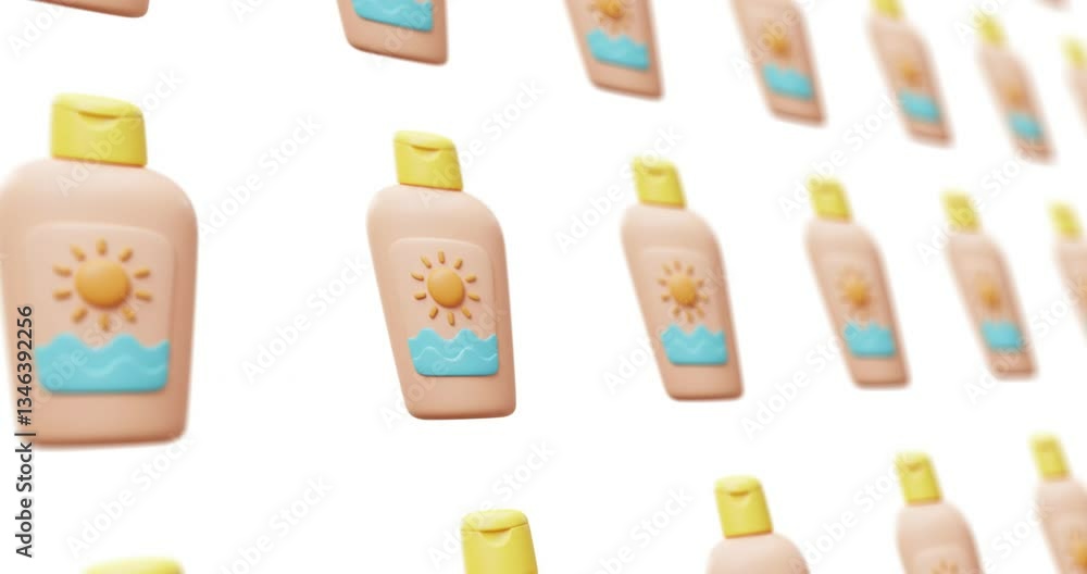 Poster animated design of a 3d render of a sunblock pattern moving sideways on a white background.