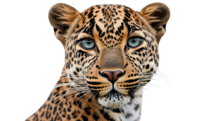 Leopard staring with intense blue eyes on transparent background