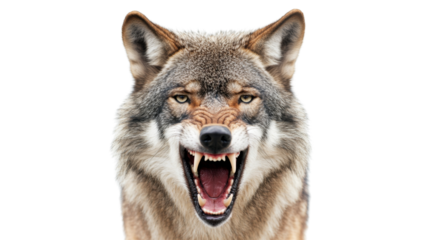 Eurasian wolf showing teeth and snarling with transparent background
