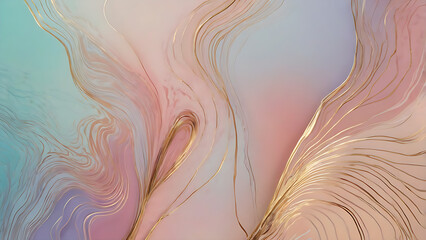 Naklejka premium Abstract watercolor background illustration – delicate pastel pink and blue hues with fluid marbled paper texture and elegant golden lines.