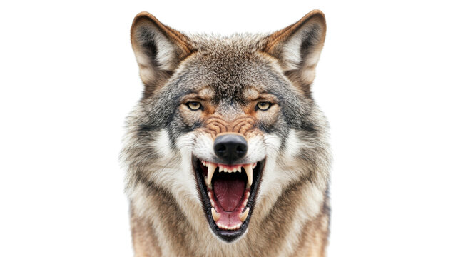 Eurasian wolf showing teeth and snarling with transparent background