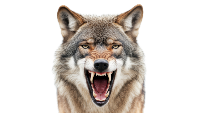 Eurasian wolf showing teeth and snarling with transparent background